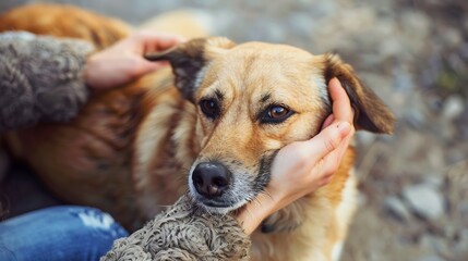 Closeup portrait of a sad lonely dog cuddling up to a person on the street womans hand petting a street dog soft focus Homeless animals on the street animal protection : Generative AI