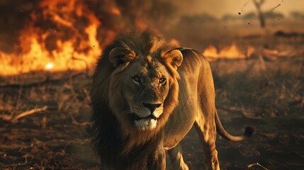 Africa mane lion male Botswana wildlife Lion fire burned destroyed savannah Savuti Chobe NP in Botswana Hot season in Africa : Generative AI