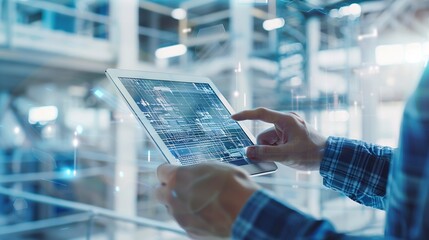 Construction blueprints hands and people with tablet in closeup for building project management Architecture logistics check and inspector with touchscreen for infrastructure complianc : Generative AI