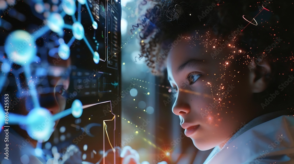Aufkleber Image of data processing and chemical formula over biracial schoolgirl global science data processing and digital interface concept digitally generated image : Generative AI