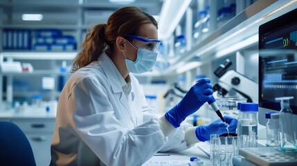 Fototapeta premium Female scientist working in the lab : Generative AI