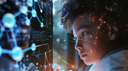 Image of data processing and chemical formula over biracial schoolgirl global science data processing and digital interface concept digitally generated image : Generative AI