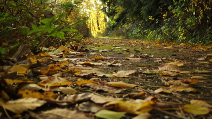 A winding path covered in fallen leaves, leading into a dense forest, symbolizing the journey of life and the unknown future