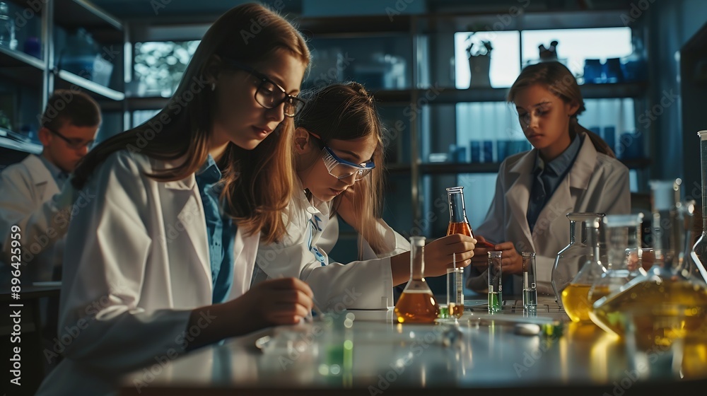 Aufkleber Education learning or science with teacher and students at table in laboratory for experiment or reaction Classroom school or study with woman scientist and children at academy for dev : Generative AI