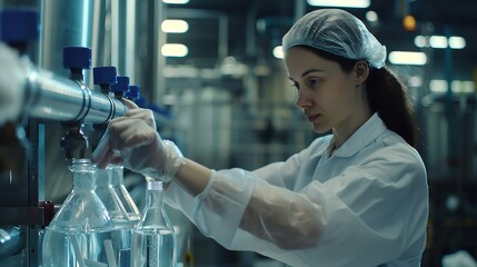 hygiene staff worker in foods and drinks clean factory working women in water plant industry quality control check : Generative AI