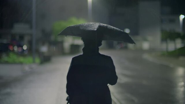 Silhouette of a person with an umbrella on a rainy night street, conveying solitude and mystery