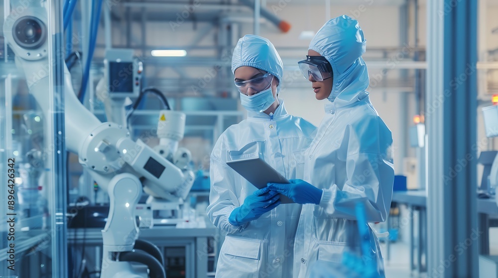 Poster Two Female Technicians in Protective Coveralls Having a Conversation and Using Tablet Computer Specialists Monitoring Analyzing Conditions at a Modern Electronics Factory with Automate : Generative AI