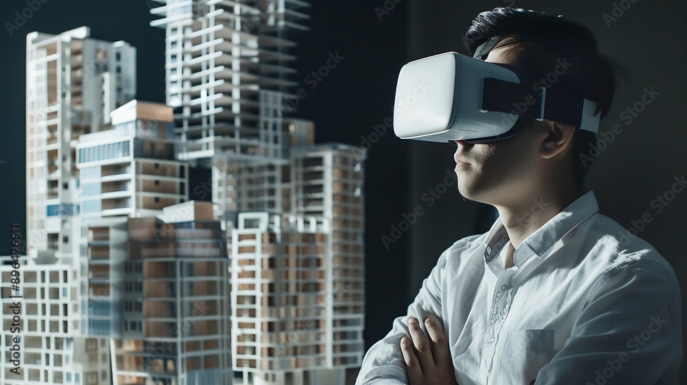Aufkleber Architect man and virtual reality architecture model construction and building with future technology and UX VR goggles design and engineering metaverse and simulation of property deve : Generative AI