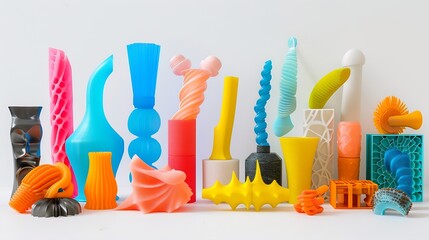 Collection of bright colorful objects printed on a 3d printer Variety of plastic products manufactured by 3D printing : Generative AI