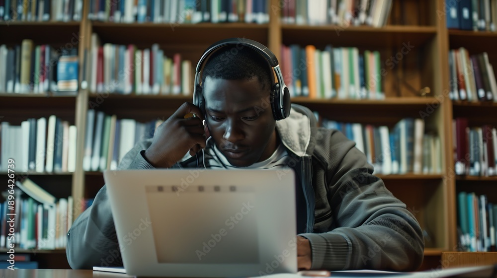 Poster Portrait of a Smart Male Putting On Headphones and Working on a Laptop Computer Young Man Doing a Homework Assignment and Preparing for Political Science Exams in a College Library : Generative AI