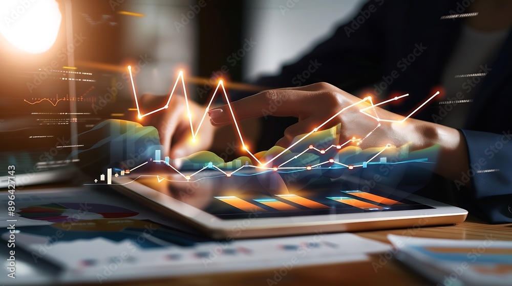 Poster Business 2025 graphs statistics to analyze business potential concepts Businesswomen use tablet analytics charts forecast future Marketing targets growth to optimize performance for pr : Generative AI