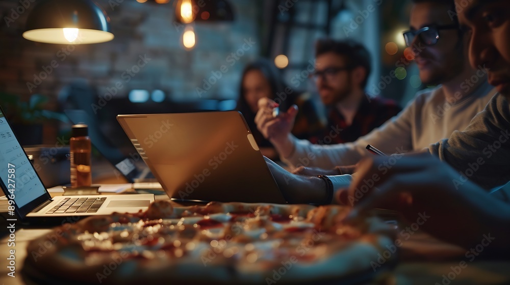 Leinwandbilder Manager group and business people planning discussion or brainstorming on laptop in startup at night Team collaboration and project strategy in meeting for creative editor with pizza o : Generative AI