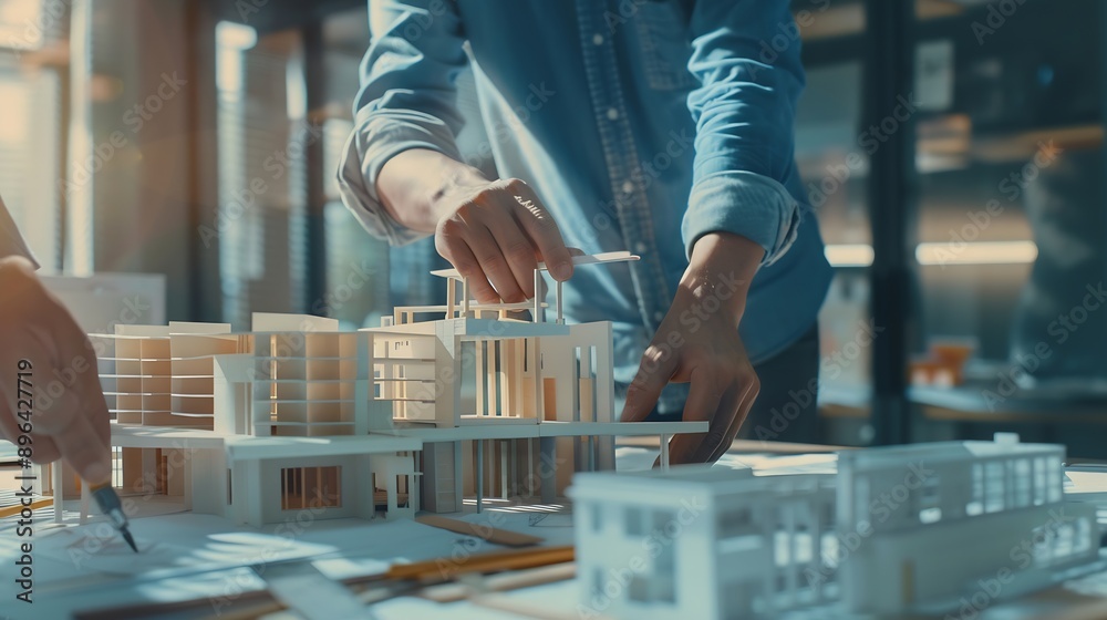 Poster Engineer or architect teamwork working on construction project with building model and blueprint in office Construction concept : Generative AI
