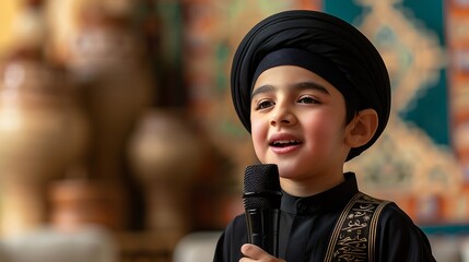 islamic handsome boy, on a podcast, speaking on a podcast microphone : Generative AI