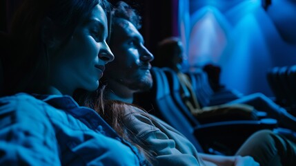 Young affectionate couple watching a movie on a date in cinema : Generative AI