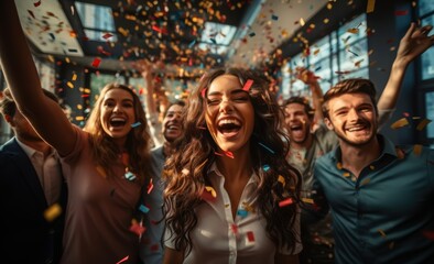 Happy diverse employees team celebrating success business achievement among confetti