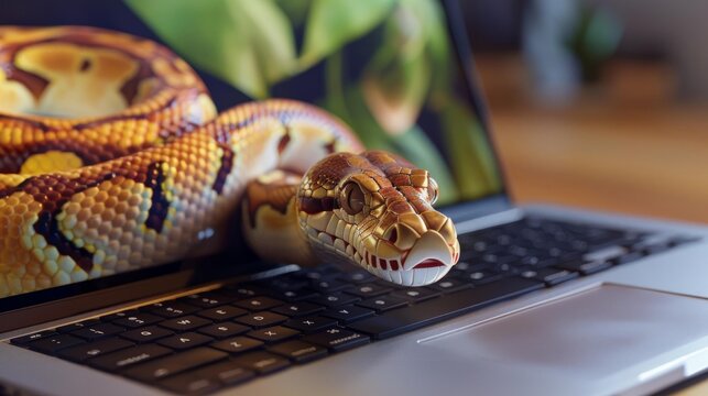 Python programming language concept with snake emerging from laptop screen on office desk, symbolizing coding expertise