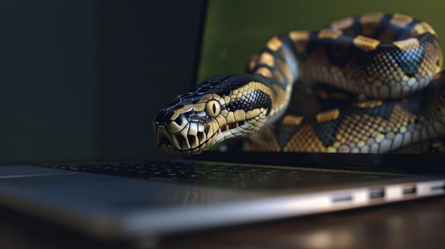 Python programming symbol: snake emerging from laptop screen representing technology and coding innovation