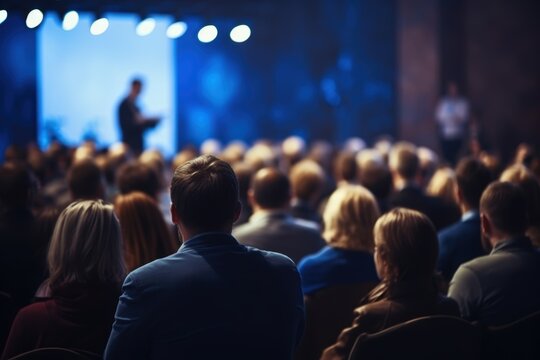 Business and entrepreneurship symposium. Speaker giving a talk at business meeting. Audience in the conference hall. Rear view of unrecognized participant in audience