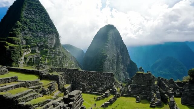 A mountain range with two large, triangular peaks. The mountains are covered in lush green vegetation, giving the scene a serene and peaceful atmosphere