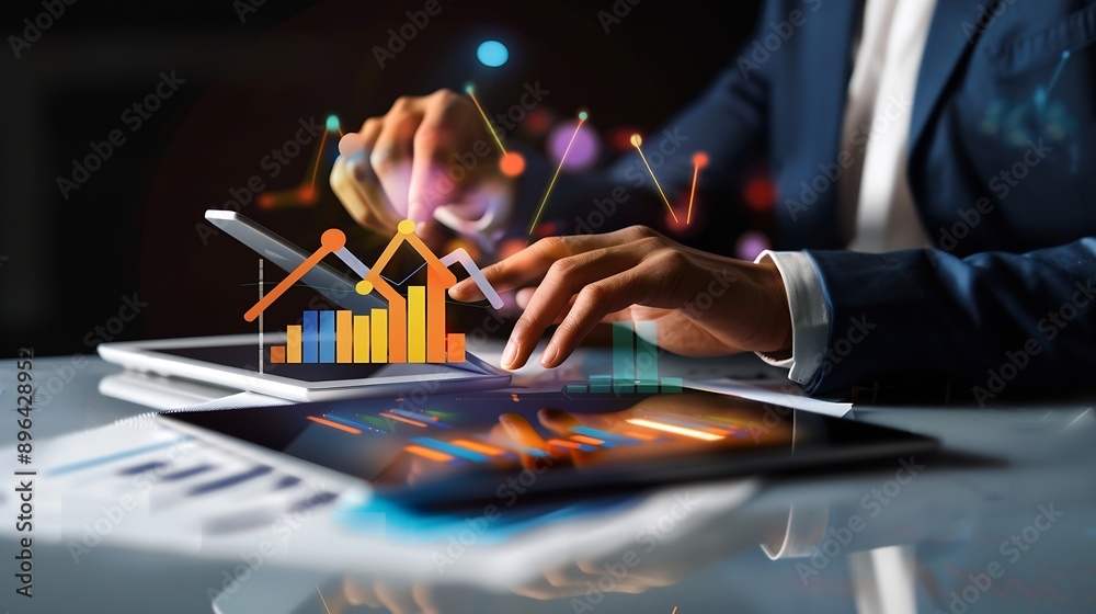 Poster Business 2025 analytics tools charts and graphs with statistics to analyze business potential and forecast future development of companies growth Businessman using a tablet : Generative AI