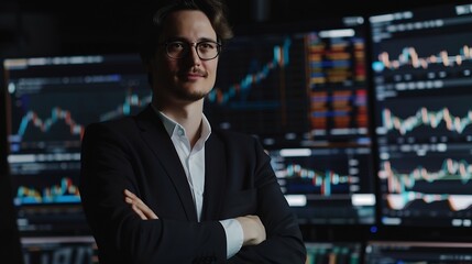 Happy investor and portrait of man in studio dark background and business in stock market Corporate professional and businessman trading in crypto or thinking of profit on investment i : Generative AI