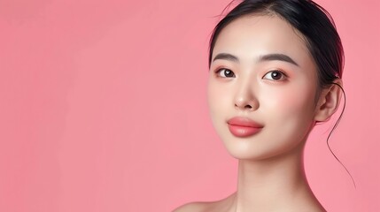 Fototapeta premium Closeup portrait of young Asian beautiful woman with Kbeauty make up style and healthy and perfect skin isolated on pink background for skincare commercial product advertising : Generative AI