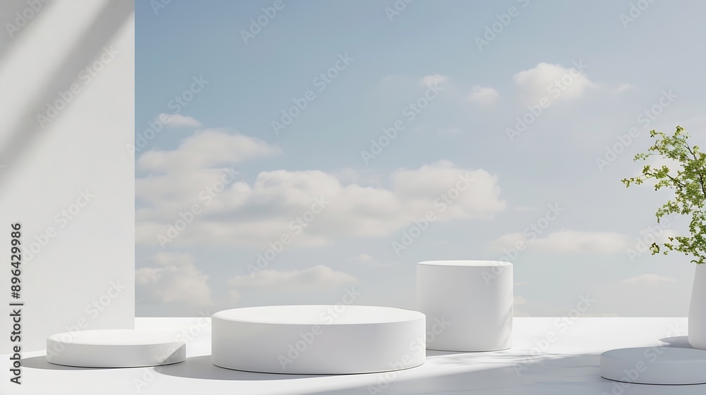 Poster Abstract minimal scene with geometrical form Cylinder podiums in white colors Abstract background Scene to show cosmetic podructs Showcase display case 3d render : Generative AI