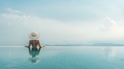 Summer holiday concept with a happy woman with sunhat sitting at the edge of a big infinity pool with view : Generative AI