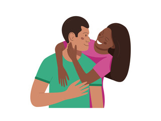 A couple in love, a man and a woman, smile at each other. Woman hugging a man