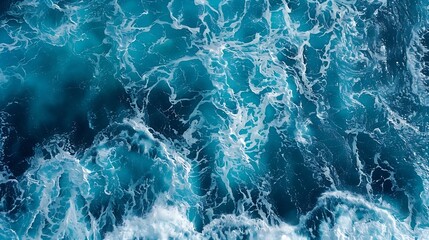 Fototapeta premium Summer seascape beautiful waves blue sea water in sunny day Top view from drone Sea aerial surf amazing tropical nature background Mediterranean bright sea bay waves splashing beach sa : Generative AI
