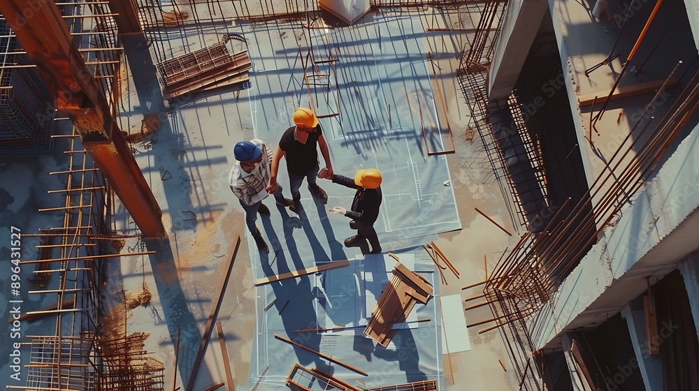 Fototapete Top down aerial view of architect engineer team shake hands and discussing about building construction Group of diverse people working together to plan and design by using blueprint Al : Generative AI