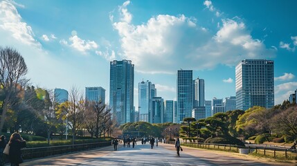 Obraz premium A view of the city with skyscrapers a park and people walking against the blue sky Tokyo : Generative AI