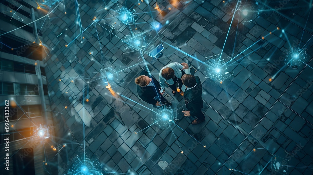 Poster Top down aerial view of skilled business team listening manager present global networking system while giving a high five to encourage or motivate team Hologram of internet connection  : Generative AI