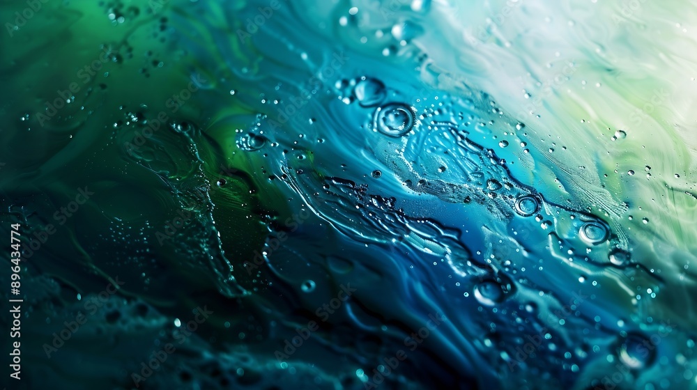 Poster Abstract blue and green colorful background with oil on water surface Oil drops in water abstract psychedelic abstract image : Generative AI