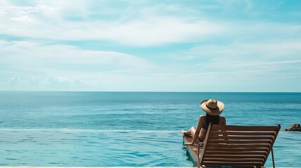 Fototapeta premium Woman sunbathing on lounge chair at poolside overlooking ocean : Generative AI