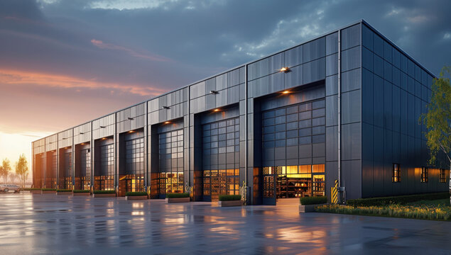 Exterior of a modern warehouse with a small office unit
