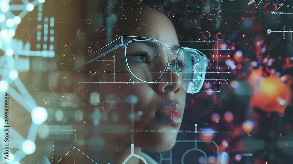 Aufkleber Image of data processing and chemical formula over biracial schoolgirl global science data processing and digital interface concept digitally generated image : Generative AI