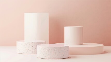 Abstract minimal scene with geometrical forms Cylinder podiums in cream pink colors Abstract background Scene to show cosmetic podructs Showcase display case 3d render : Generative AI