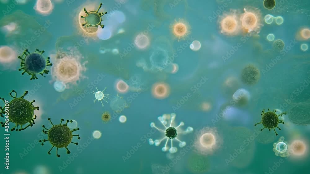 Aufkleber A close-up view of a petri dish containing numerous microorganisms, some round and some with intricate structures, floating in a clear liquid medium.