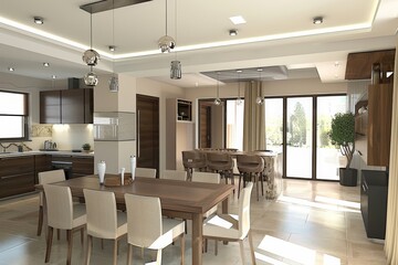 modern dining room with kitchen and dining room.