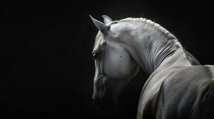 Fine art low key horse picture of a white Andalusian horse looking over his shoulder with a black background and a lot of copy space : Generative AI