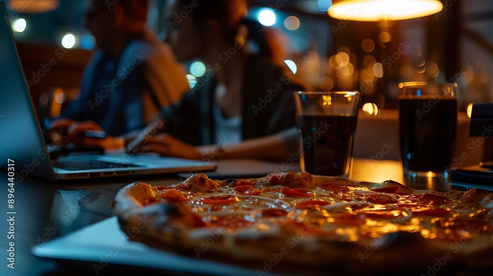 Aufkleber business meeting laptop and people for design at night in office creative agency and overtime food f