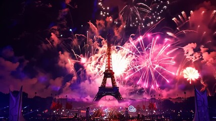 Spectacular fireworks show lights up the eiffel tower in paris, captivating a crowd celebrating the olympic games with joy and excitement during a vibrant summer night