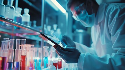 People mask or scientists on tablet for liquid results life extension or antiaging medicine in laboratory Teamwork vial or biologists with chemistry research test tube or science info  : Generative AI
