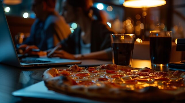 Business meeting laptop and people for design at night in office creative agency and overtime food for project Teamwork support and problem solving in pizza planning for deadline and d : Generative AI - Powered by Adobe