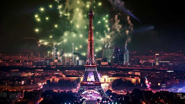 Spectacular fireworks show lights up the eiffel tower in paris, captivating a crowd celebrating the olympic games with joy and excitement during a vibrant summer night