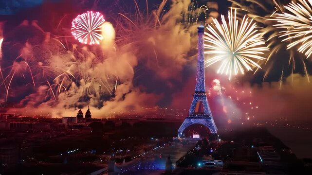 Spectacular fireworks show lights up the eiffel tower in paris, captivating a crowd celebrating the olympic games with joy and excitement during a vibrant summer night