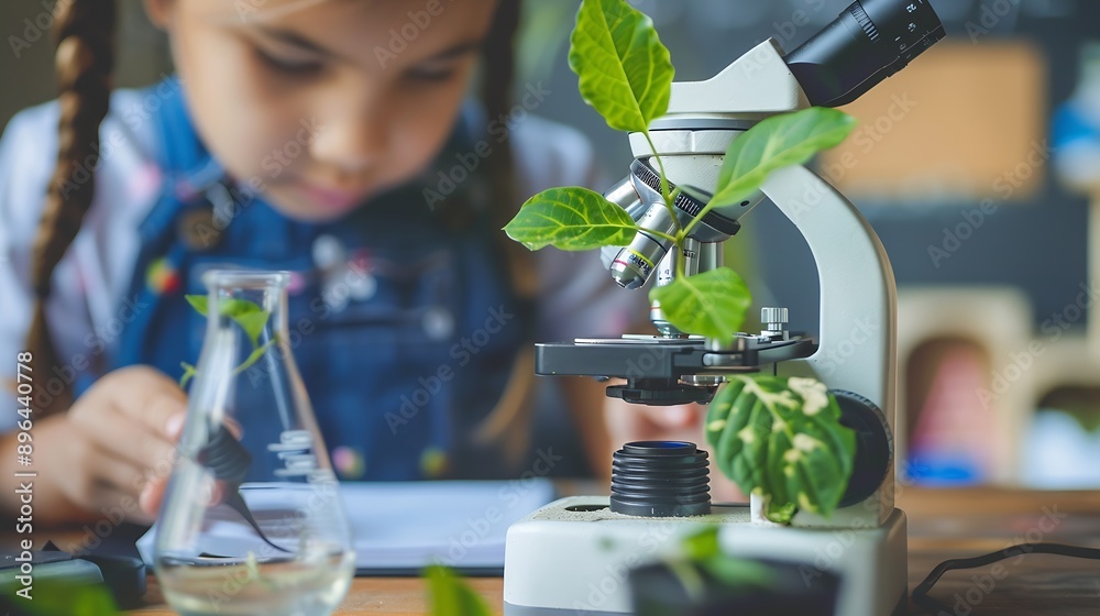 Poster Learning students and children in classroom for microscope teacher and science for experiment of plants Container sample and observation of nature growth and development of kids with e : Generative AI