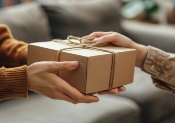 Close up of hands handing over a box to a delivery person at home.